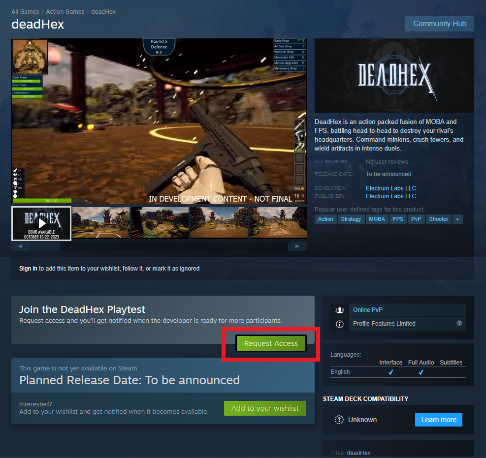 The Request Access button on the deadHex store page